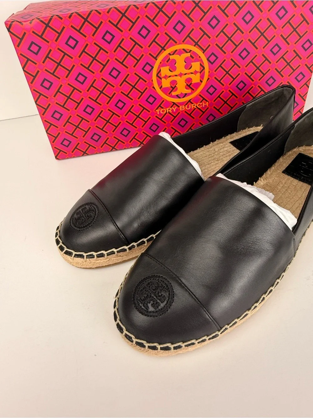 Tory Burch Color Block Flat Espadrille Black Nappa Leather Slip On Shoes Size 8